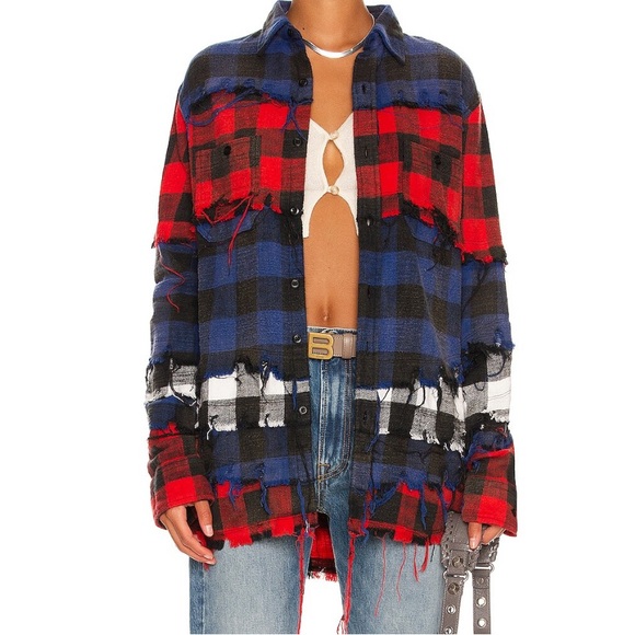 R13 Women’s Pieced Shirt with Frayed Edges in Red, Blue & Ecru Buffalo P… - Picture 1 of 15